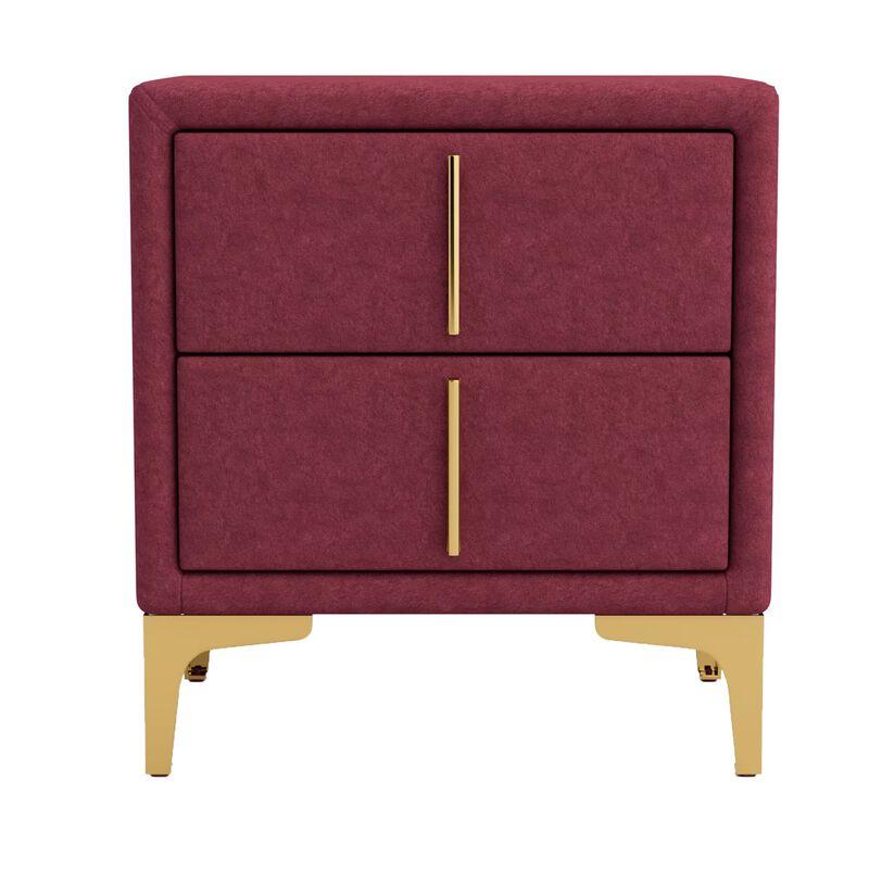 Bios 24 Inch Nightstand, 2 Drawers, Red Vegan Faux Leather, Gold Accents-Benzara