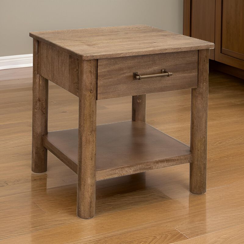 Benjara Olum 26 Inch Chairside Table, Drawer, Lower Shelf, Square Top, Wood, Brown and Gold
