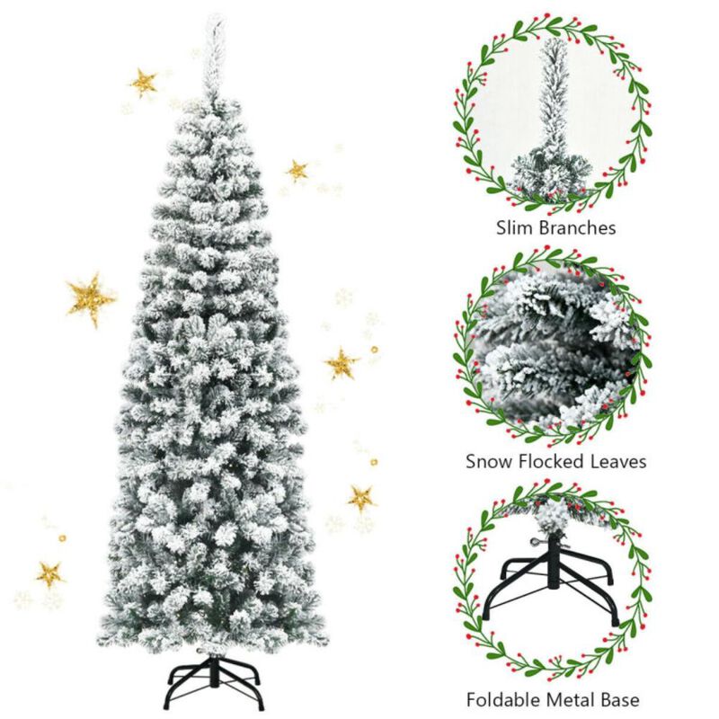 Hivvago 6 Feet Unlit Hinged Snow Flocked Artificial Pencil Christmas Tree with 500 Branch Tip