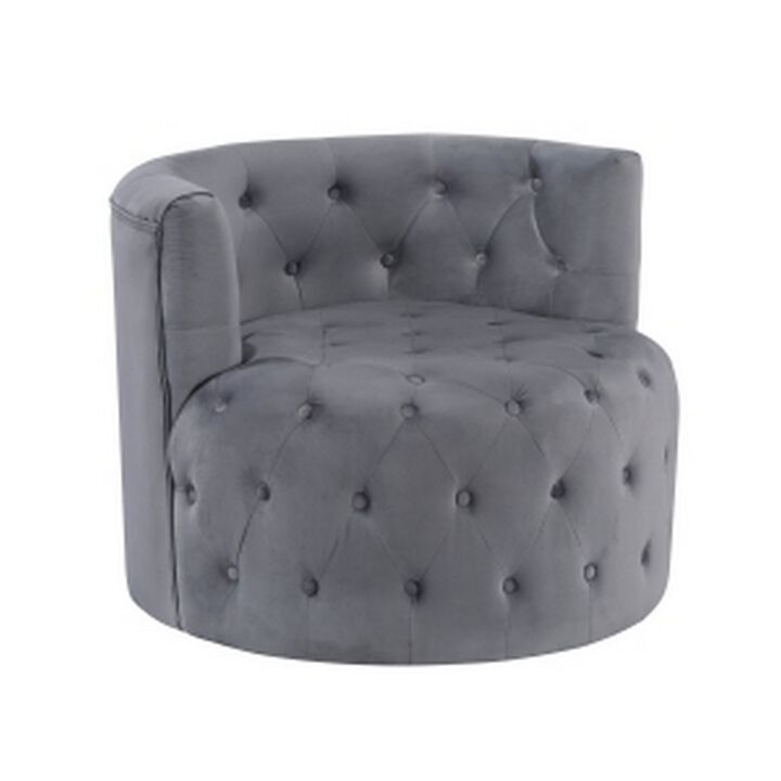 Alix 33 Inch Swivel Accent Chair, Round Design, Button Tufted Gray Velvet - Benzara