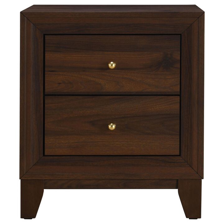 Yels Nightstand with 2 Drawers, Gold Metal Knobs, Walnut Brown  - Benzara