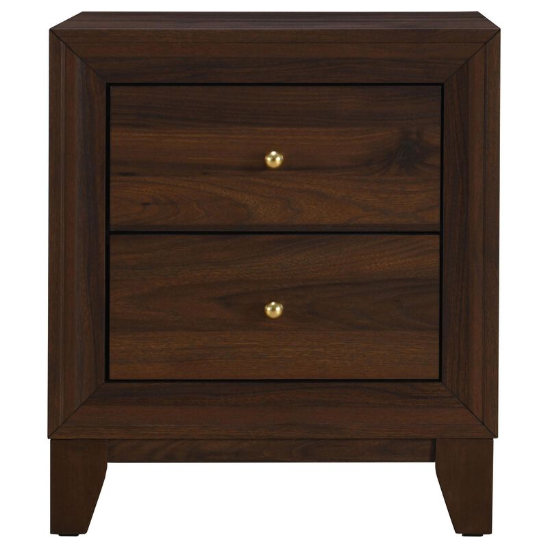 Yels Nightstand with 2 Drawers, Gold Metal Knobs, Walnut Brown  - Benzara
