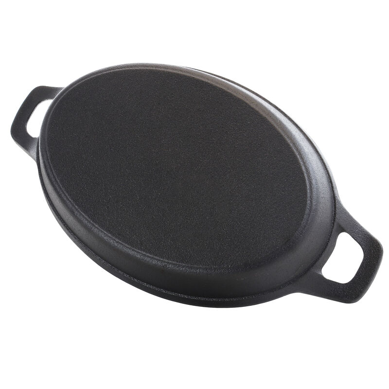 General Store Addlestone 2 Piece 10.5 Inch Pre-seasoned Oval Cast Iron Server with Burned Furwood Base