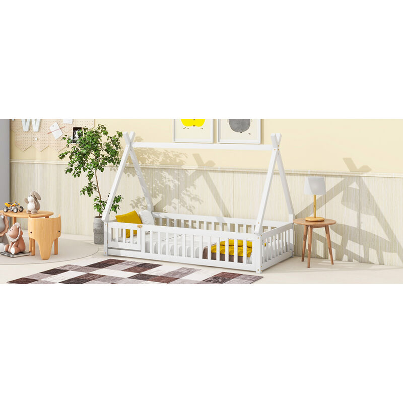 Twin Tentshaped Floor Bed, With Guardrails, Slats, Door, White