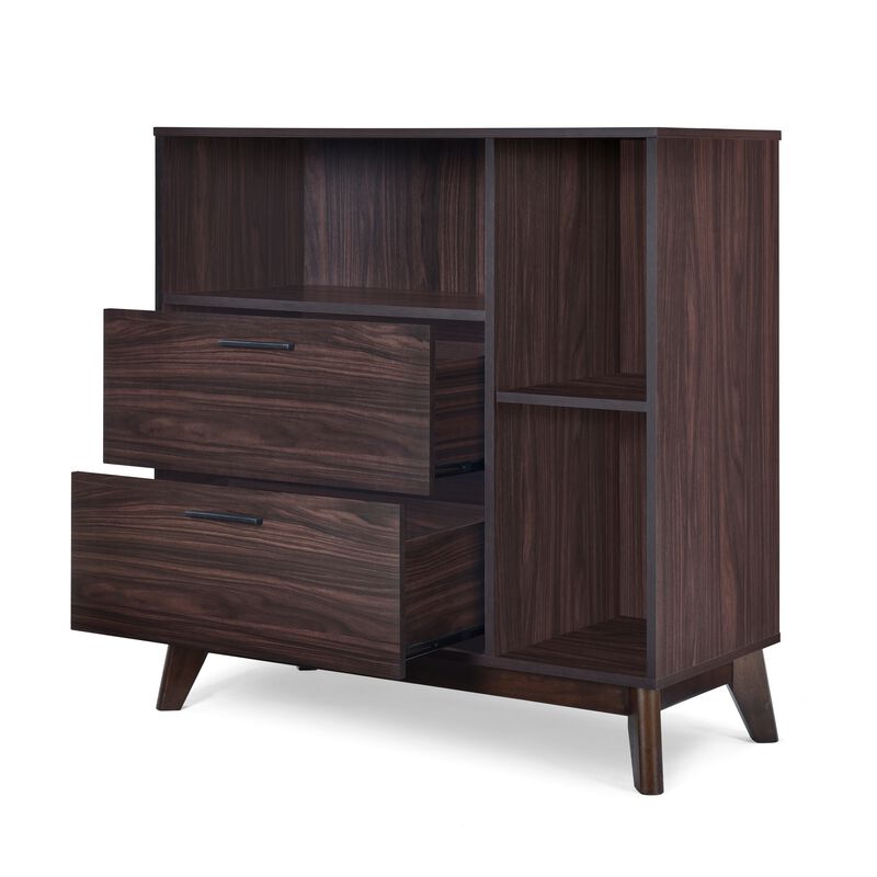 Bara Accent Cabinet 36 Inch, 3 Space 2 Drawer, Rustic Dark Wenge Brown - Benzara