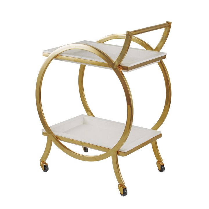 Sia 34 Inch Rolling Bar Cart, Round Steel Frame, Removable Trays White Gold-Benzara