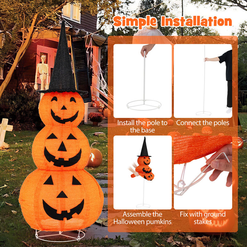 Lighted Stacked Pumpkins Halloween Decoration with Witch Hat