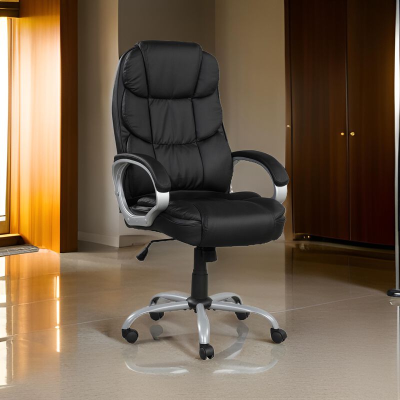 30 Inch Office Chair, 360 Degree Swivel, Cushioned Black Faux Leather - Benzara