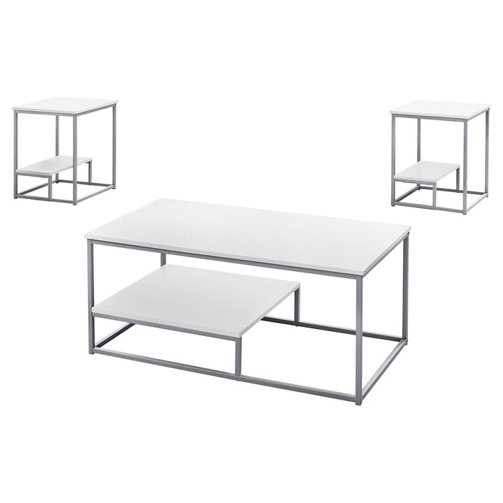 Monarch Specialties I 7961P Table Set, 3pcs Set, Coffee, End, Side, Accent, Living Room, Metal, Laminate, White, Grey, Contemporary, Modern