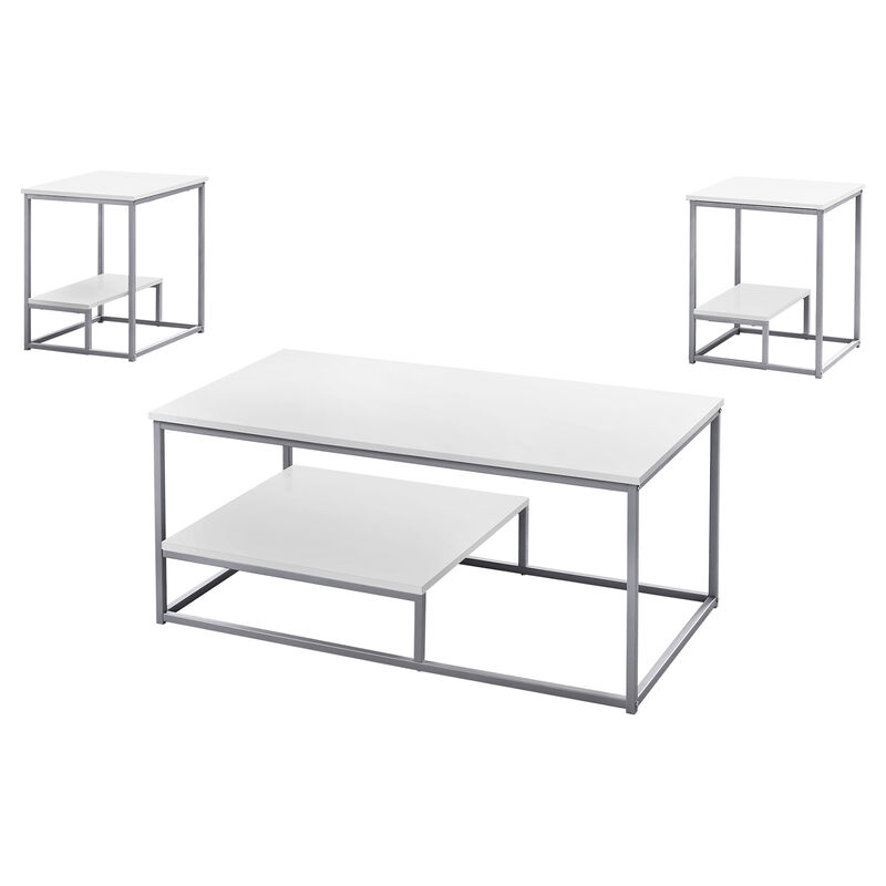 Monarch Specialties I 7961P Table Set, 3pcs Set, Coffee, End, Side, Accent, Living Room, Metal, Laminate, White, Grey, Contemporary, Modern