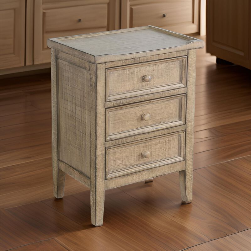 Rena End Table with 3 Drawers, 19 Inch Distressed Brown Mahogany Wood - Benzara