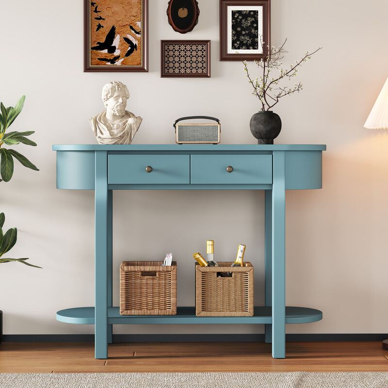 Clihome Elegant Retro Console Table with Curved Design and Smooth Glaze for Entryways, Living Rooms and hallways (Navy)
