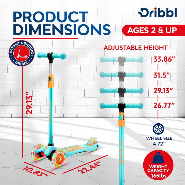 Dribbl 3-Wheel Kids Scooter - Lean-to-Steer Technology, Adjustable Height Handlebar, Wide Anti-Slip Deck, Scooter for Boys & Girls Ages 2+, Child Safety Approved, Support Riders Up to 165 lbs