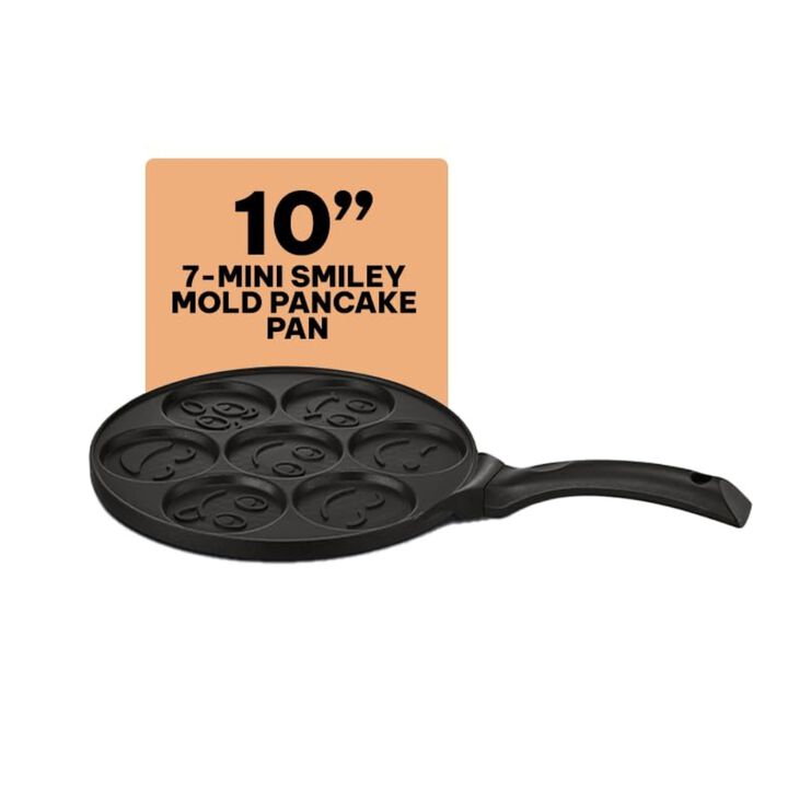Kitchenfun Blini Nonstick Mini Pancake Maker - Cast Aluminum Non Toxic Crepe Maker, PFAS Free, Non Stick Frying Pans, Cooking Pan Set for 7 Smiley Small Pancakes, Nonstick Pan, Egg Pan, and Flapjacks