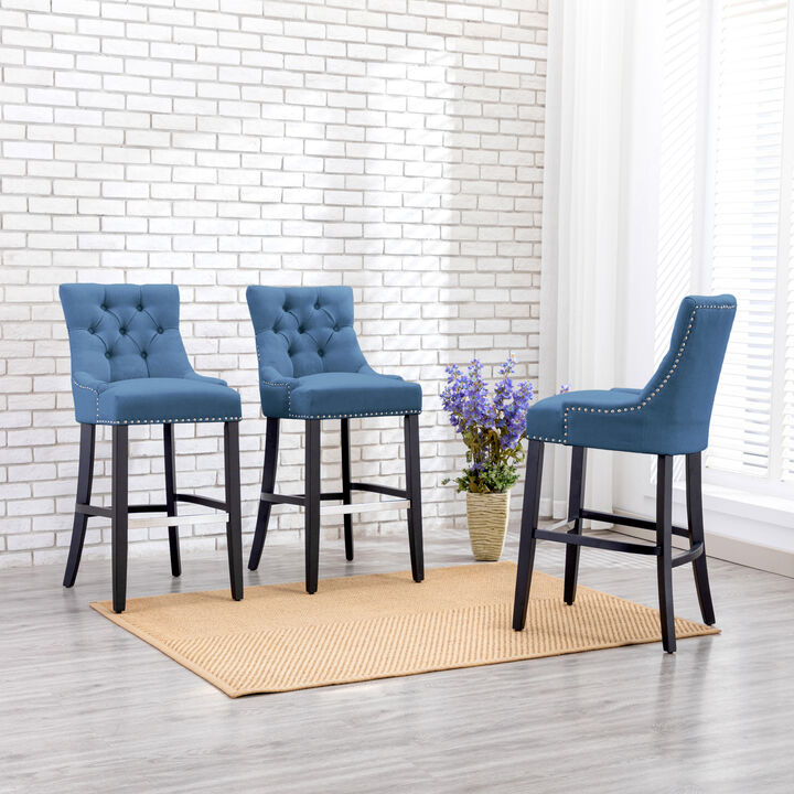 WestinTrends 29" Linen Fabric Tufted Upholstered Bar Stool (Set of 3), Black