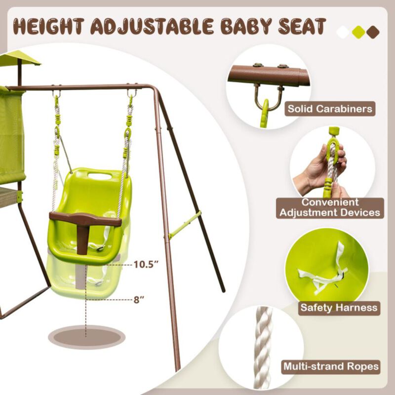 Hivvago 4-in-1 Swing Set with Covered Playhouse Fort and Height Adjustable Baby Seat