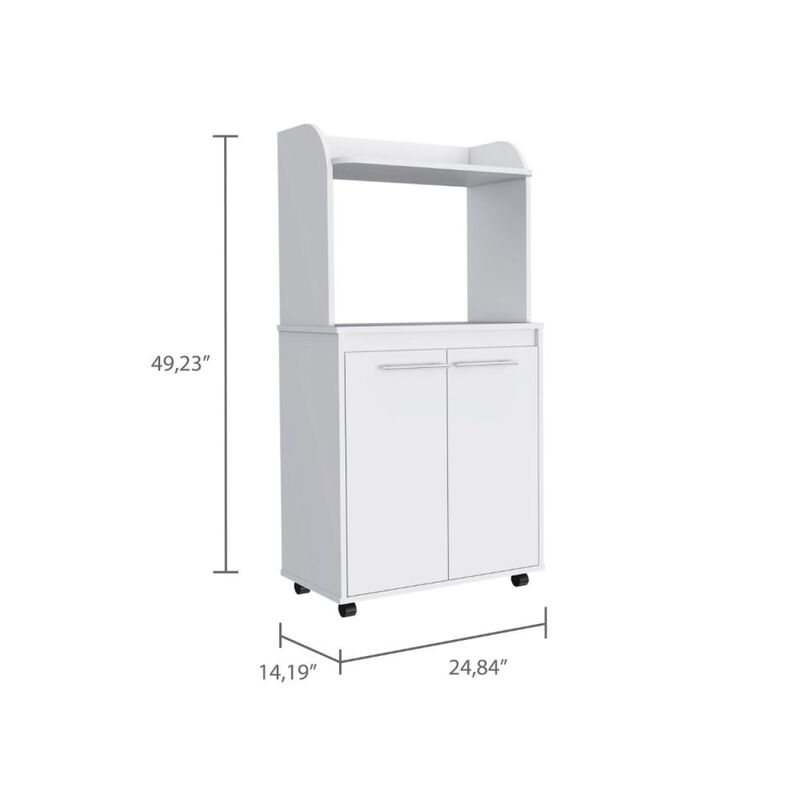 Kira Kitchen Kart, Double Door Cabinet, One Open Shelf, Two Interior Shelves - White