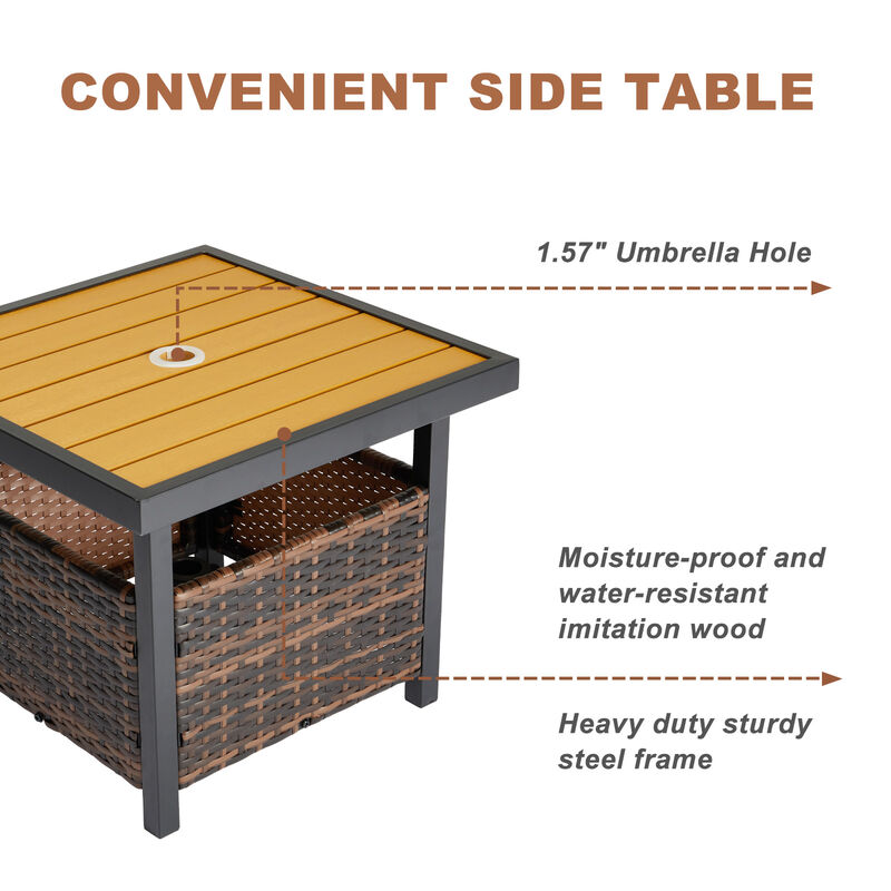 Outdoor Wicker Side Table with Umbrella Hole and Storage Shelf