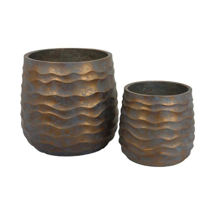 18 Inch Planter Set of 2, Wavy Design, Indoor Outdoor Rustic Bronze Resin - Benzara