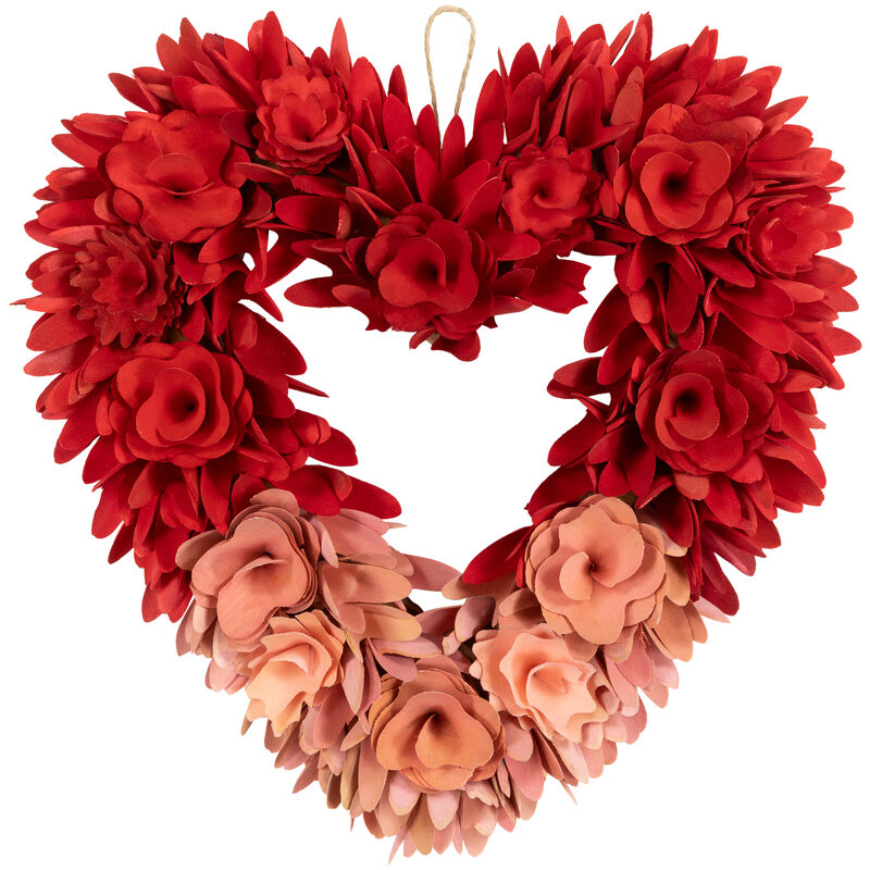 Wooden Rose Artificial Valentine's Day Floral Wreath - 15" - Red and Pink