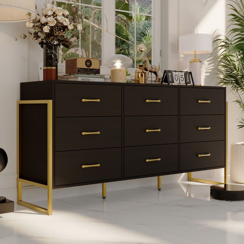 Black Wood 9 Big Drawers 61.4 in. W Dresser With Metal Frame Legs