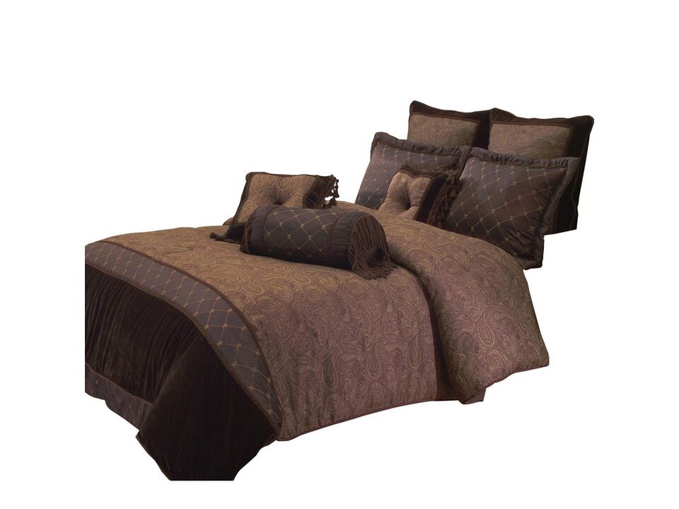 10 Piece King Polyester Comforter Set with Paisley Pattern Design, Brown - Benzara