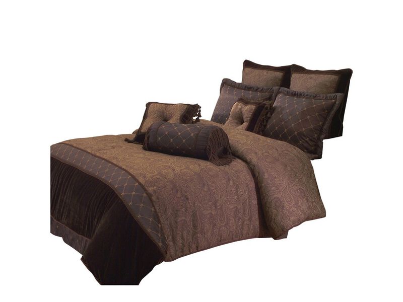 10 Piece King Polyester Comforter Set with Paisley Pattern Design, Brown - Benzara