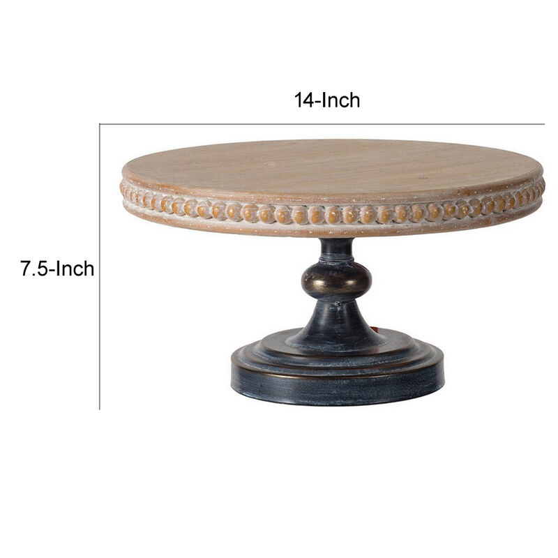 Marrie 14 Inch Round Decorative Tray, Black Iron Padestal Base, Wood Top - Benzara