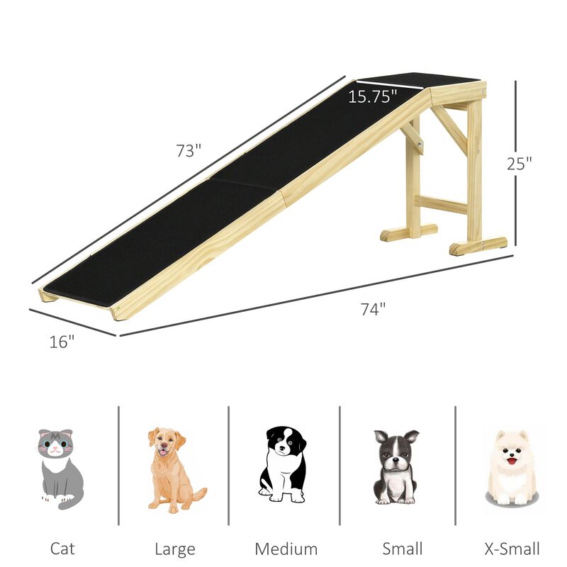 Natural/Black Pet Access: 74"L Wooden Ramp with Non-slip Carpet Top