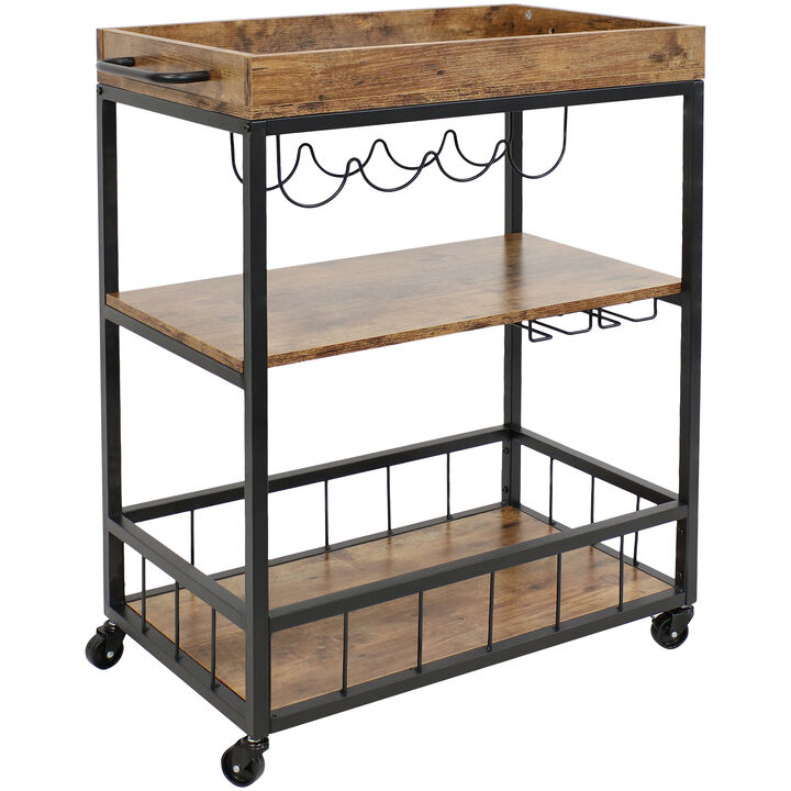 Sunnydaze 3-Tier Industrial Rolling Bar Cart with Wine Rack - 35 in
