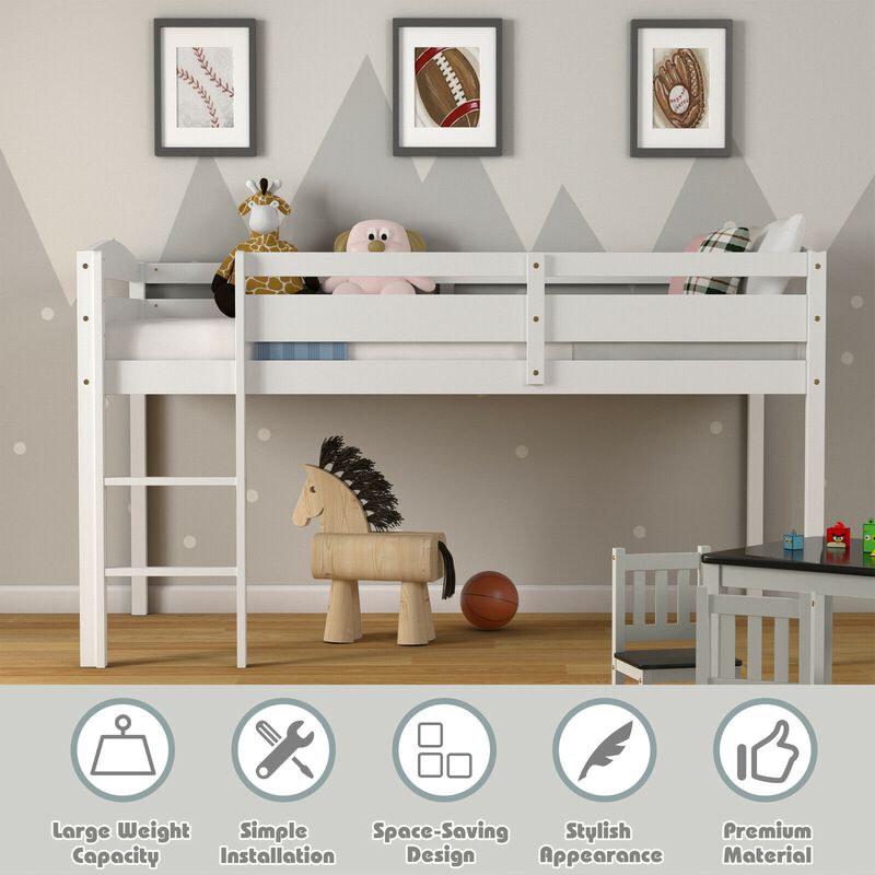 Wooden Twin Low Loft Bunk Bed with Guard Rail and Ladder.