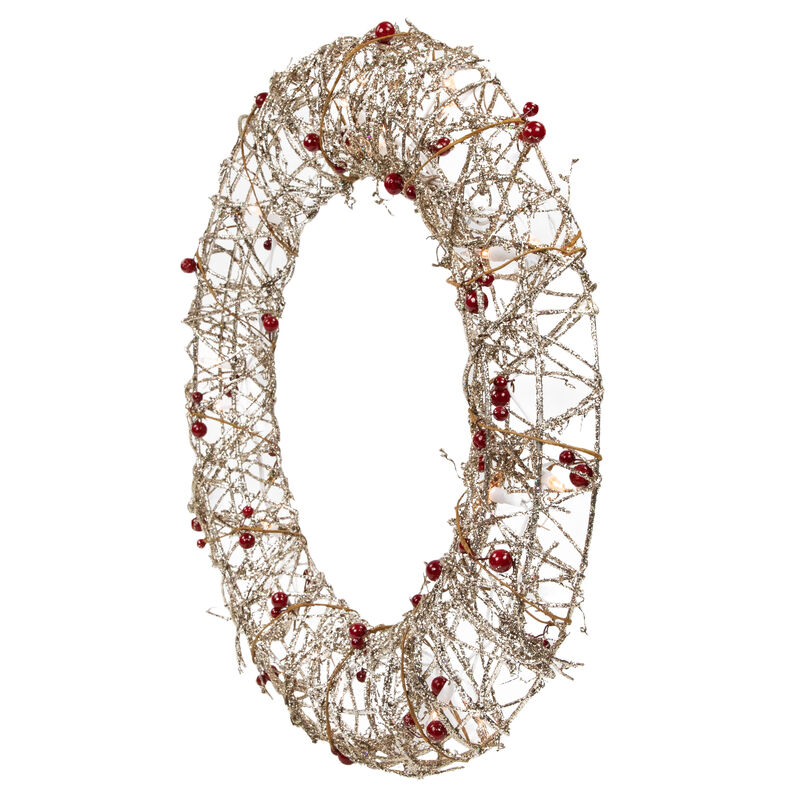 Pre-Lit Champagne Gold Glittered Rattan Berry Artificial Christmas Wreath - 18-Inch  Clear Lights