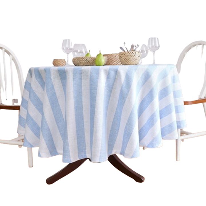 Solino Home 100% Pure Linen Round Tablecloth 70 Inch Diameter | Cabana Stripe