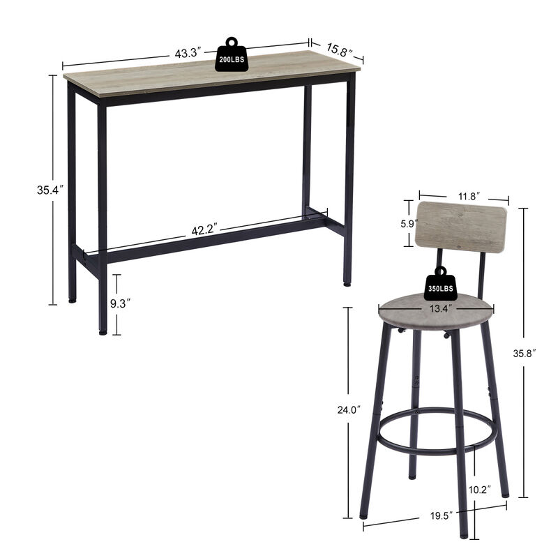 Bar Table Set With 2 Bar Stools PU Soft Seat With Backrest, 43.31" L X 15.75" W X 35.43"