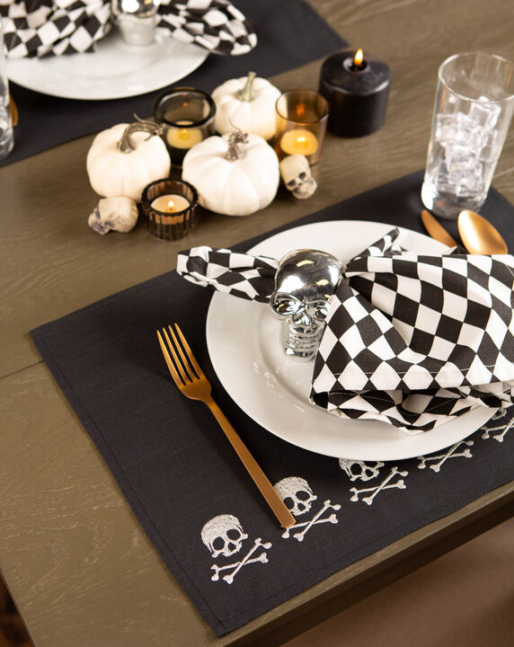 Set of 4 Black and White Skulls Embellished Rectangular Placemats 19"