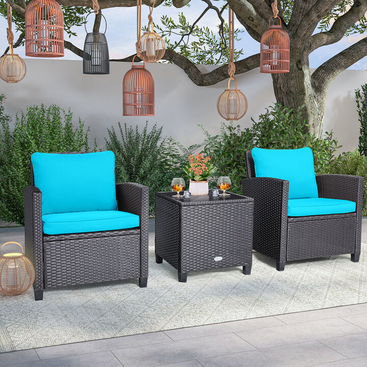 3 Pcs Patio Rattan Furniture Set Cushioned Conversation Set Coffee Table