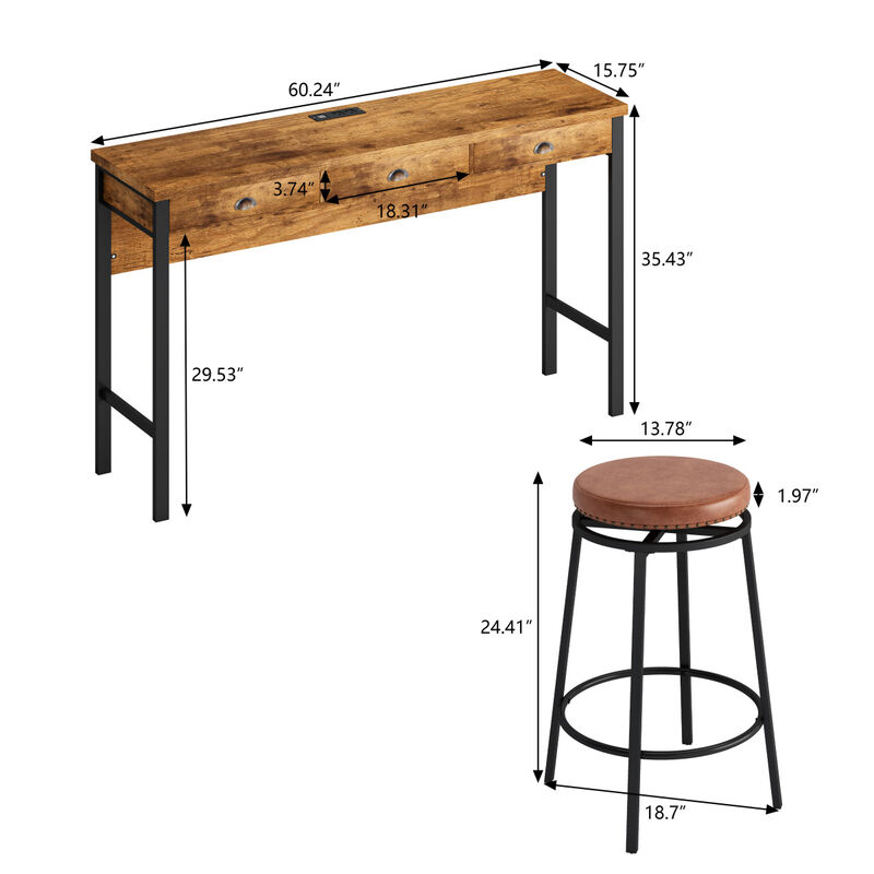 3-Drawer Long Dining Table Set with Power Outlets & Bar Kitchen Table Set with Circular PU Stools, Easy Assemble
