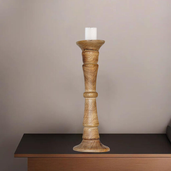 Traditional Wallnut Eco-friendly Handmade Mango Wood Set Of One 15" Pillar Candle Holder
