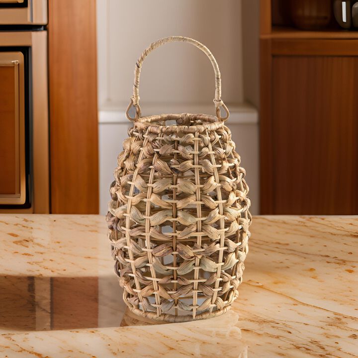 Enna 13 Inch Lantern, Bohemian Style, Candle Stand, Brown Rattan Woven - Benzara