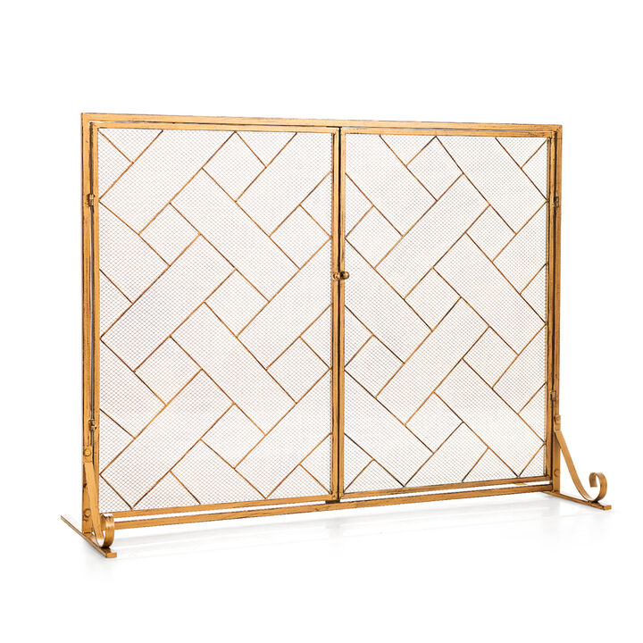 3-Panel Folding Wrought Iron Fireplace Screen with Doors and 4 Pieces Tools Set-Golden