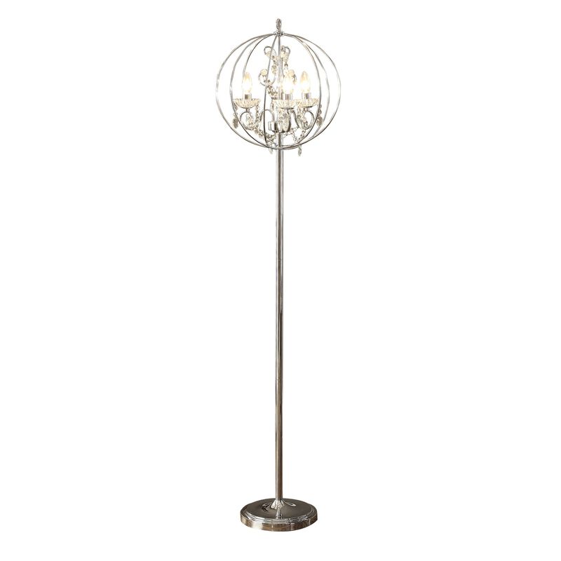Shine 61 Inch Floor Lamp, Chandelier Style, Crystal and Metal, Chrome-Benzara