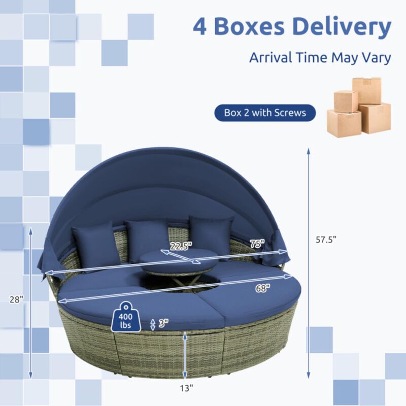 Hivvago Outdoor PE Wicker Round Daybed with Retractable Canopy and Cushions-Navy