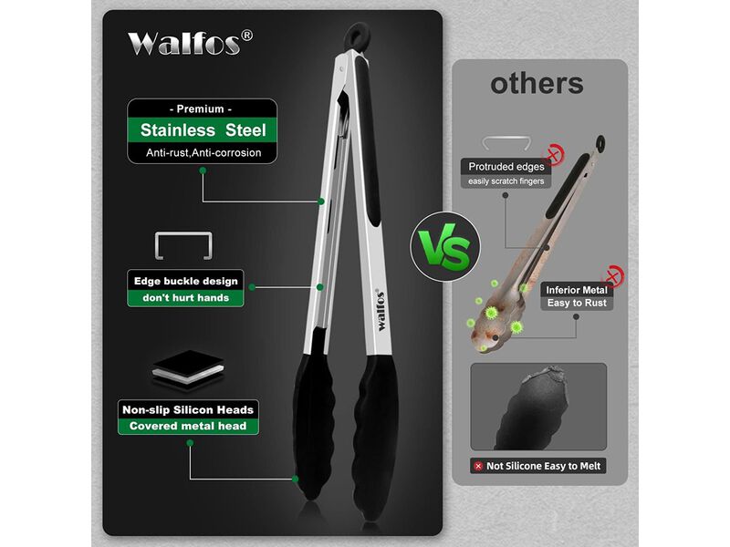 Walfos Kitchen Tongs - Heat Resistant Cooking Tongs Set of 3