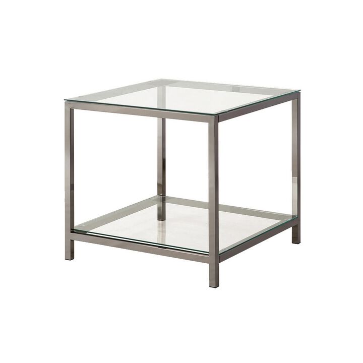Glass Top End Table with Metal Frame and Open Shelf, Nickel-Benzara