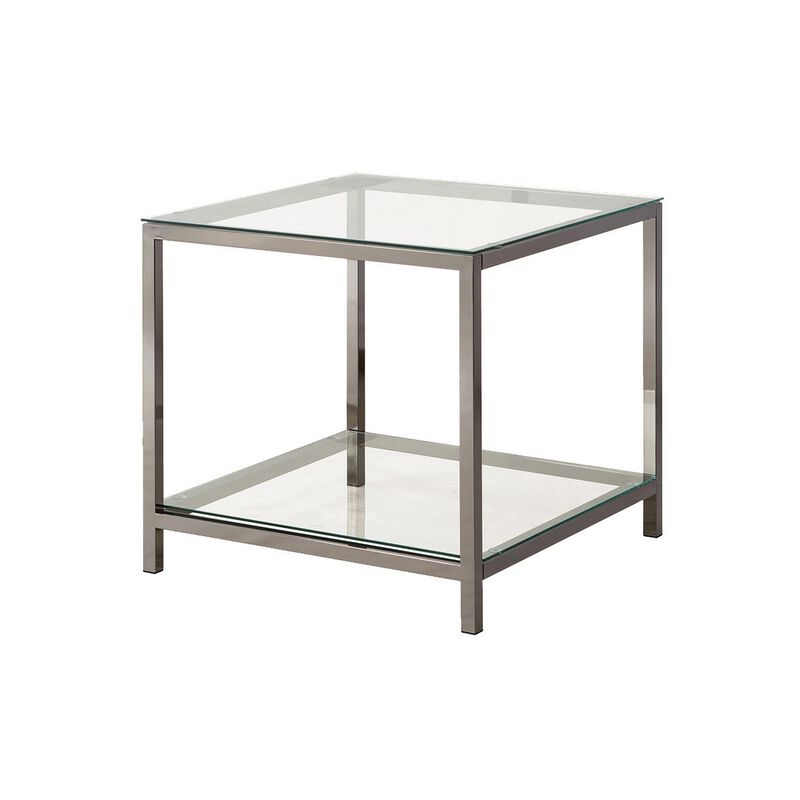 Glass Top End Table with Metal Frame and Open Shelf, Nickel-Benzara