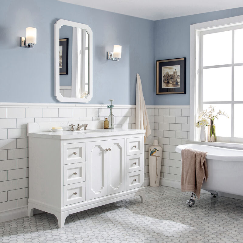 Queen 48 In. Single Sink Sink Carrara Quartz Countertop Bath Vanity in Pure White with Polished Nickel (PVD) Hardware