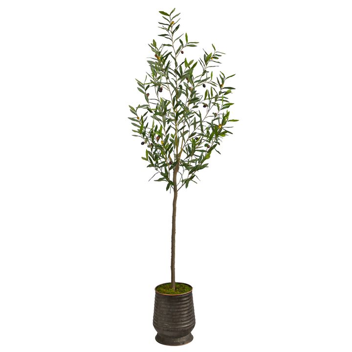 Hivvago 75 Inches Olive Artificial Tree in Ribbed Metal Planter