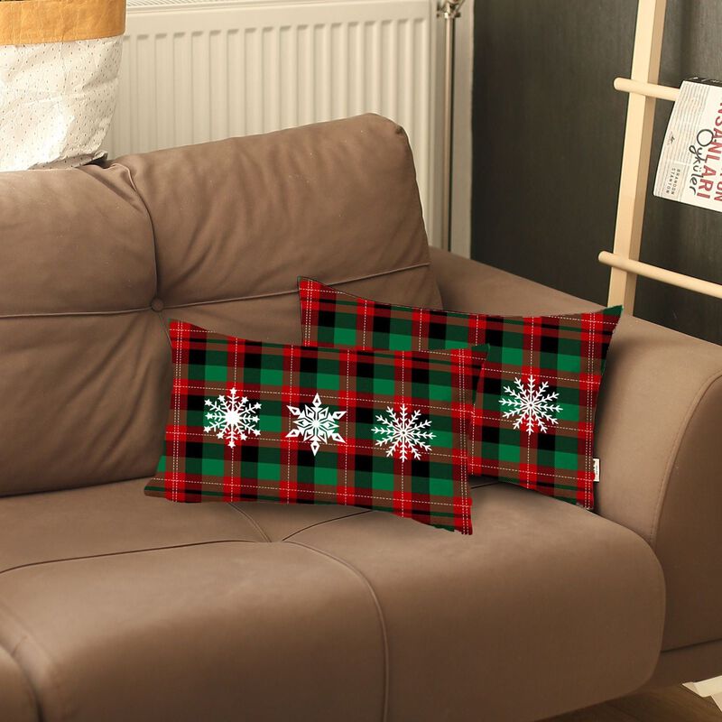 Hivvago Set of 2 Christmas Snowflake Trio Plaid Lumbar Throw Pillows