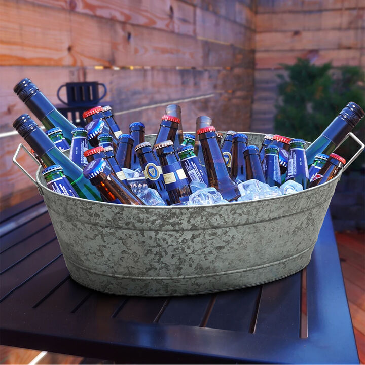 Embossed Design Oval Shape Galvanized Steel Tub with Side Handles, Large, Silver - Benzara
