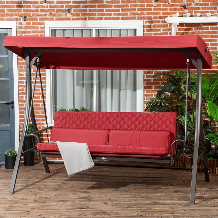 Red Outdoor Lounging: 3-Person Porch Swing Bed with Canopy & Cushions